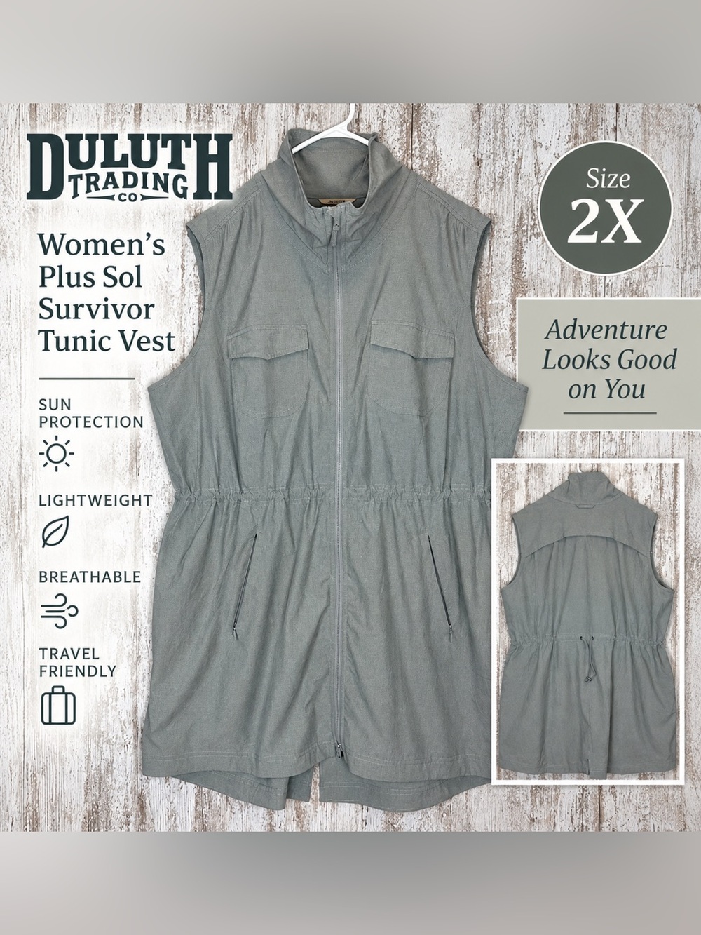 Duluth Trading Sol Survivor Sun Protection Tunic Vest Women’s Plus 2X Gray NWT